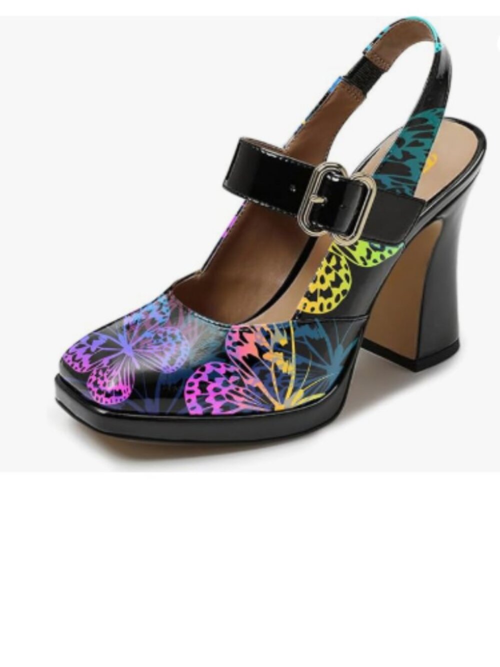 FYS Black Butterfly Platform Square Toe Pumps Chunky High Heel Mary Janes Shoes